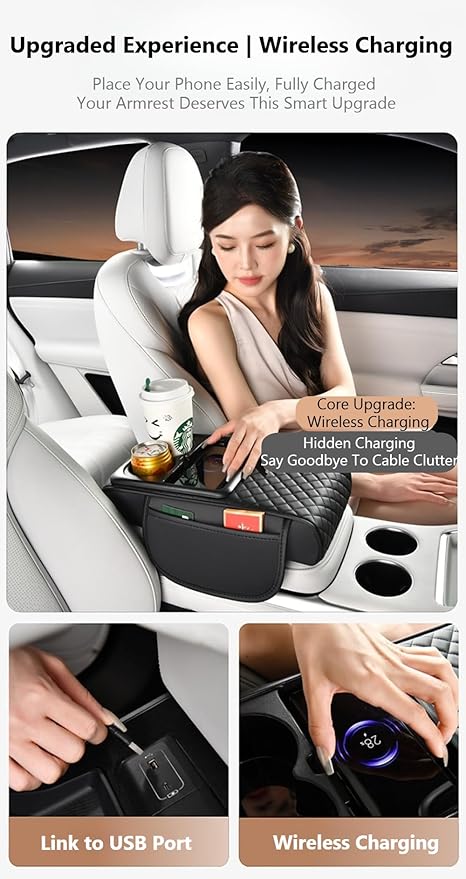 Car Armrest Pad with Built-in Induction Charging, Leather Center Console Cushion with 15W Power Pad, Dual Cup Holders, Storage Pockets - Black-Redline