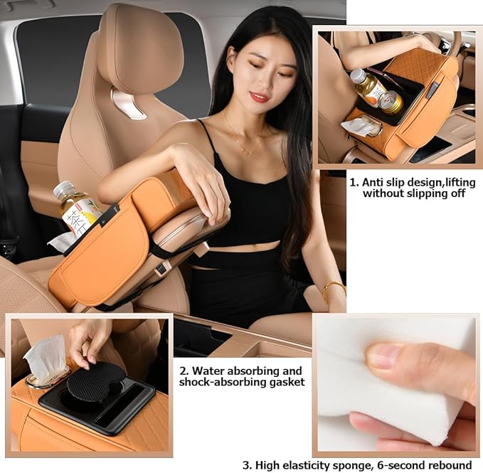 Car Armrest Cushion for SUV with Cup Holder 2.75" Height,5-in-1 Center Console Cover with 2 Storage Bags, Tissue Box Slot, Phone Slot for Sedans, Car Accessories Interior Organizers (Beige)
