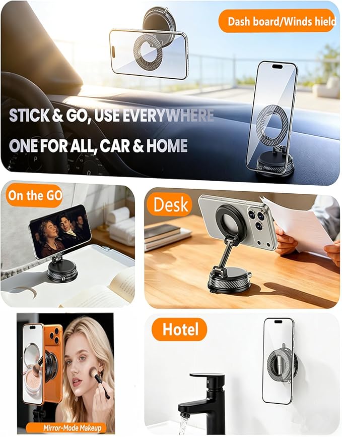 Magnetic Car Phone Holder, 360°Adjustable Vacuum Dashboard and Windshield Mount Magsafe Cell Phone Holders for Your Car, Carbon Fiber 108+LBS Nano Gel Suction Cup, iPhone, Samsung (Silver)