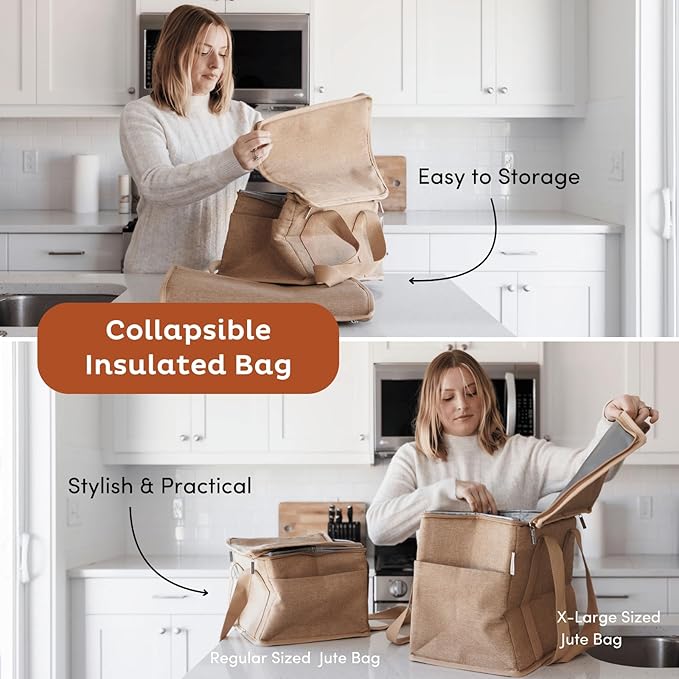 Nook Theory Reusable Insulated Grocery Bag - Leak Proof, X Large Cooler Bag - Insulated Shopping Bags for Groceries - Travel Cooler Bag for Frozen and Hot Food with Zippered Top (Full Sage)