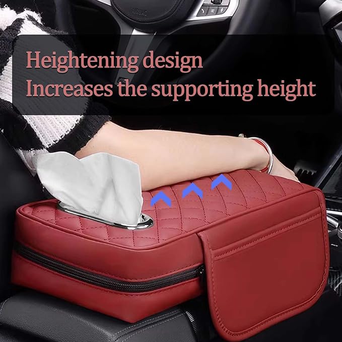 Car Center Console Armrest Pad for Lincoln, Leather Cover with Storage Pocket & Tissue Box Holder, Memory Foam Cushion for Aviator Standard SUV 2020-2025,Red