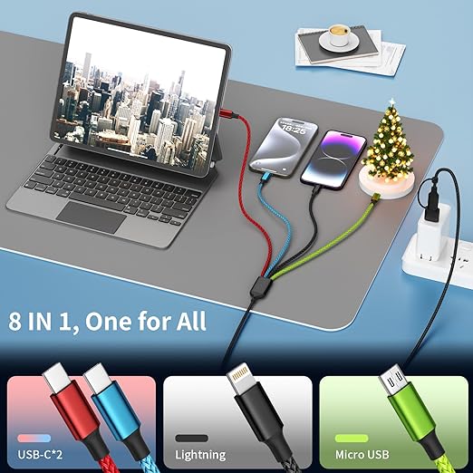 Travel 4 in 2 Multi Charging Cable with Dual Type-C, USB A/USB C Chargers for Multiple Devices, Multiple Charger Cord Compatible with Most Cell Phones/Tablets and More (1Pack, 5FT)