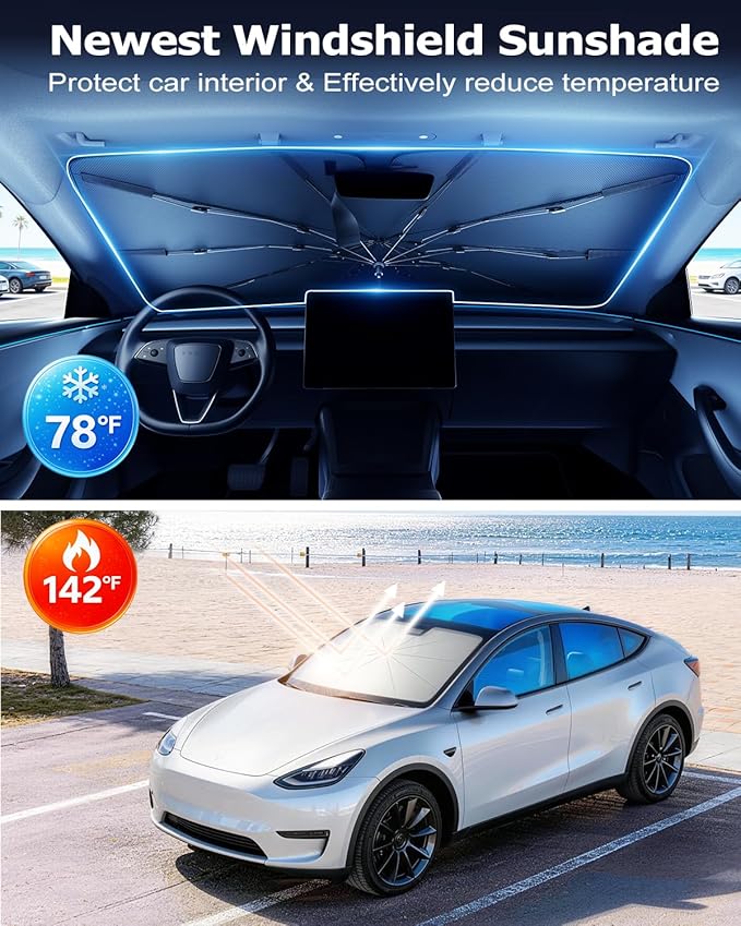DMJN Umbrella Windshield Sun Shade for Tesla New Model Y Juniper, Y & 3, Car Sunshade for Front Windshield [Nano Ice-Crystal Coatings] UPF50+ Heat & UV Block, Protect Interior & Keep Cooler
