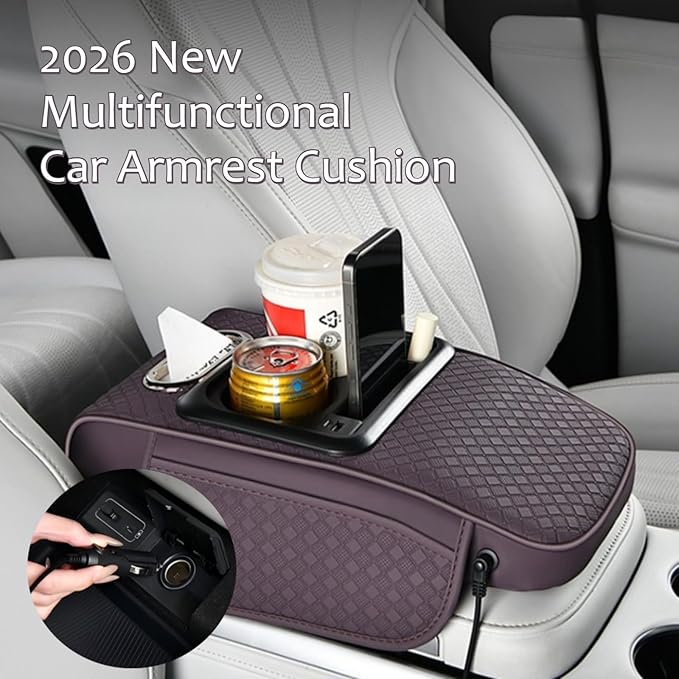2026 Upgraded Car Center Console Cushion with 30w USB& Type-C Charging Ports, Leather Car Armrest Pad Cover, Interior Accessories for Most Vehicles (Classic Flat Version, Black)