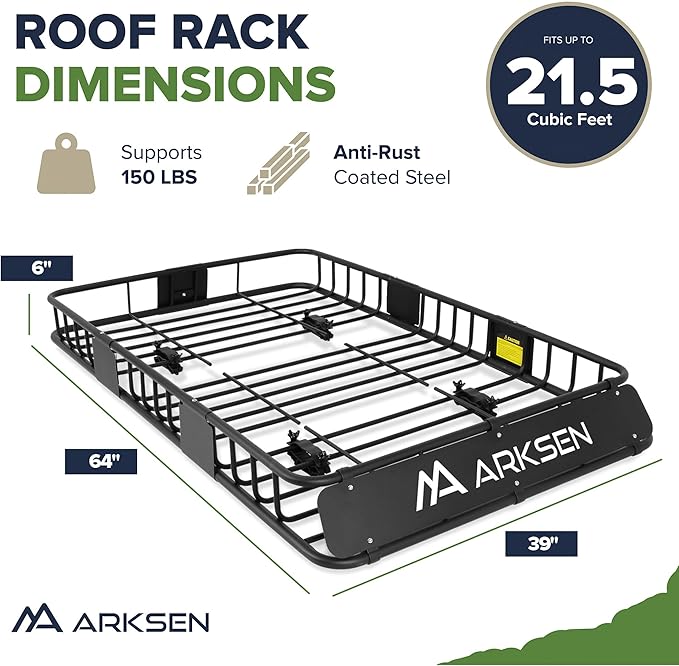 ARKSEN 64" x 39" x 6" Roof Rack Cargo Basket with Extension, Waterproof Bag, Net & Ratchet Straps, 150 lb Heavy-Duty Steel Rooftop Carrier, Fits Crossbars up to 1.38" Thick, for SUV & Pickup Truck