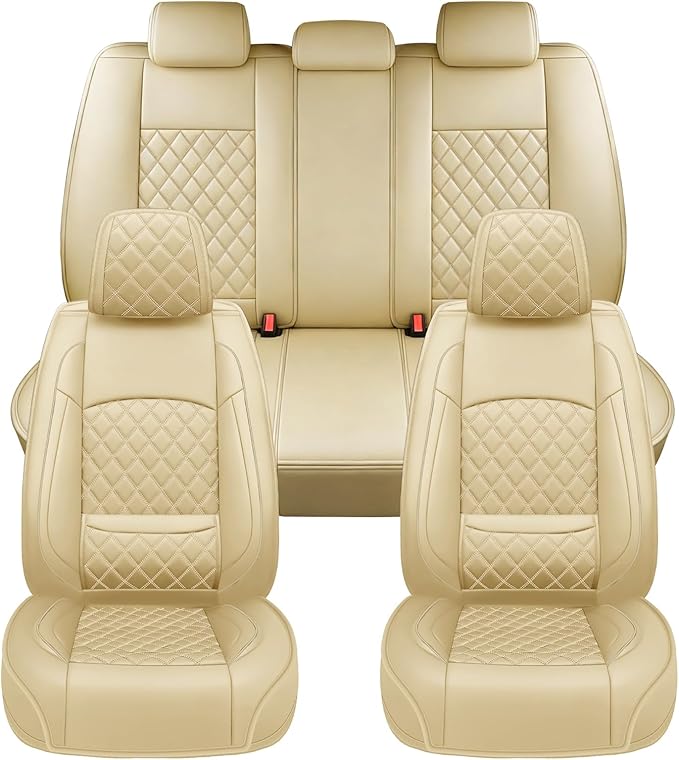 Fit for Equus Seat Covers Compatible with Hyundai Equus 2011-2016 - Waterproof Breathable Leather Automotive Seat Cushions Protector,Airbag Compatible,Full Set 5 Seats(Beige)