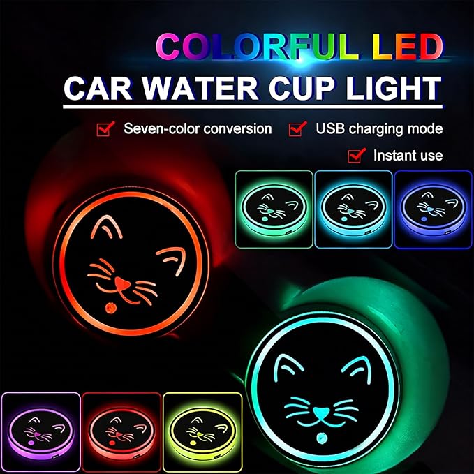 Sports LED Cup Holder Lights for Car,2Pcs LED Light Up Cup Holder Coasters with USB Charging 7 Colors 3 Modes,Waterproof Interior Atmosphere Lamp,Car Decor Accessories Sports Gifts for Women Men