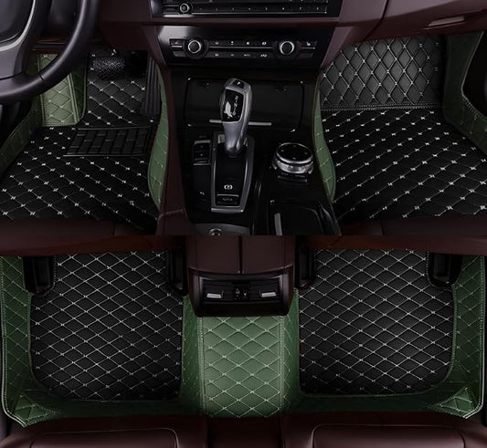 Customize Car Floor Mats for 99% Sedan SUV Sports Car All Weather Leather Full Coverage Waterproof Non-Slip Vehicle Lining Pads (Black Green Stitching)