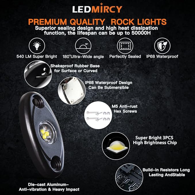 LEDMIRCY R1 White Rock Lights 30PCS High Power Underbody Pure White LED Rock Lights for UTV Trucks SUV ATV Off Road Boat Neon Trail Rig Light Underglow Trail TRAI Rig Light Waterproof Shockproof