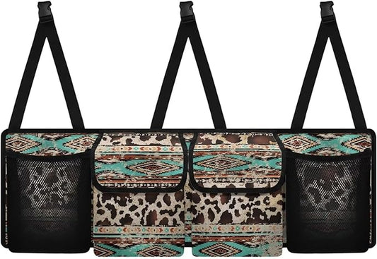Aztec Cow Car Backseat Trunk Organizer with 4 Pockets Hanging Cargo Bag Multipurpose Trunk Storage Bag with 3 Adjustable Buckles