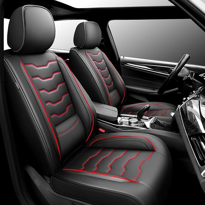 Fit Frontier Car Seat Covers Compatible with Nissan Frontier 2010-2025 2026 - Premium Leather， Waterproof， All-Weather Seat Cushion Protecto&Airbag Compatible (2 Front Seat Red Line Black)