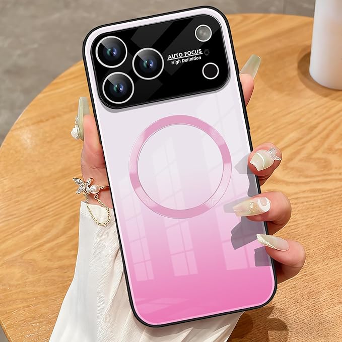 Guppy Compatible with iPhone 17 Pro Max Magnetic Case, with Full Camera Lens Protector [Compatible with MagSafe] Scratch Resistant Gradient Glass Back Cover Phone Case-Pink