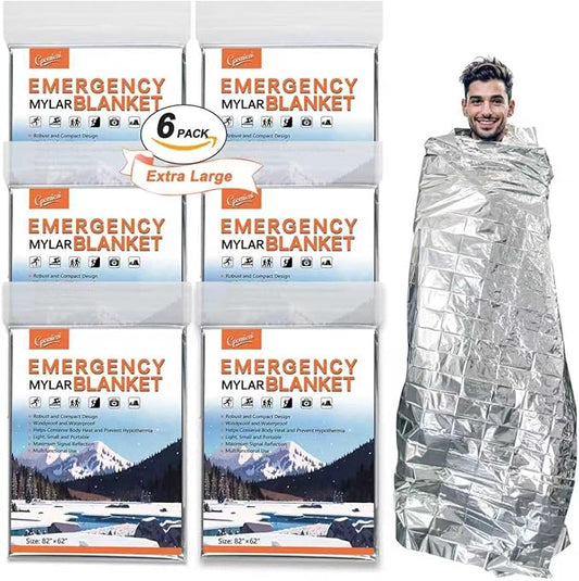 6 Pack - Large 82” x 62” Survival Emergency Mylar Thermal Blankets, Thermal Survival Blanket Perfect for Camping, Hiking, Body Insulation, Outdoors, Car Survival Kit, Bug Out Bag