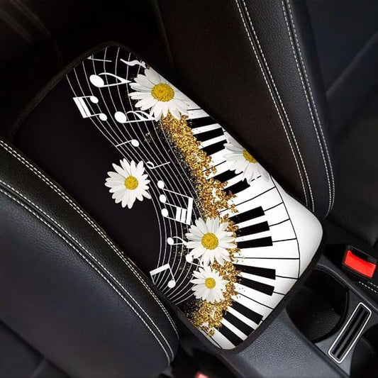 Coldinair Music Notes Car Armrest Cover,Piano Keys Auto Center Console Pad,Soft Seat Box Cover Protector Cushion,Daisy Car Accessories Decor for Most Cars,Sedan,Truck,SUV