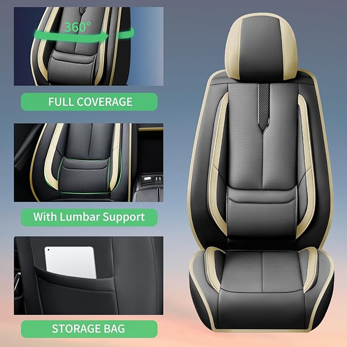Fit Avalon Car Seat Covers for Toyota Avalon 2001-2024 2025 2026 -Upgraded Premium Waterproof & Breathable Leather,Airbag Compatible,All-Weather Seat Cushion Protector,Full Set,Black-Beige