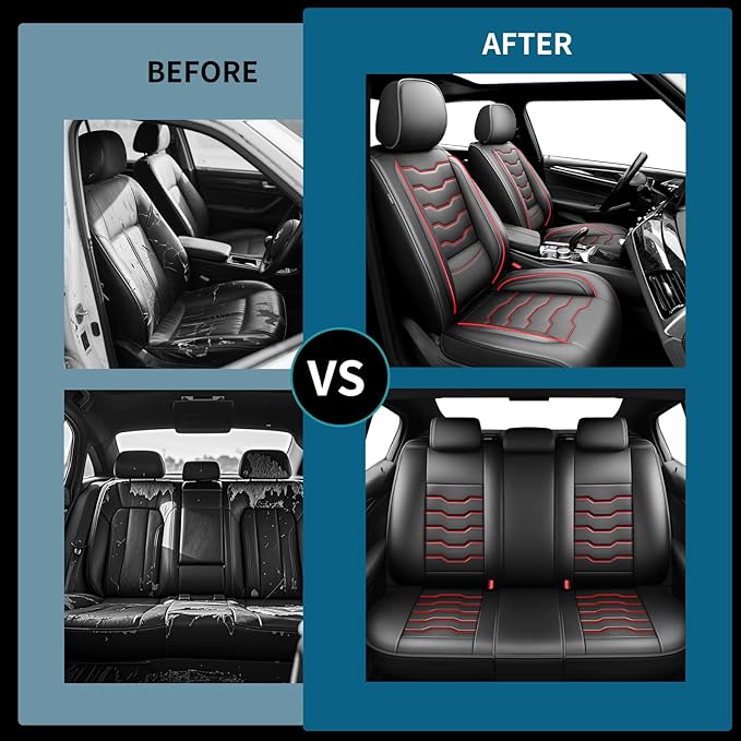 Fit Kona Car Seat Covers for Select Hyundai Kona 2018-2025 2026. Premium Leather, Waterproof， Breathable, Scratch-Resistant & All-Weather Seat Cushion Protector (Front Pair,Red Line Black)