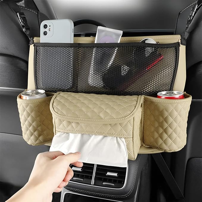 XINLIYA Car Handbag Holder Between Seats, PU Leather Multi-Pocket Large Capacity Purse Holder, Auto Net Bag Barrier of Backseat Pet Kids, Car Seat Organizers and Storage for Cargo Tissue Cup（Beige）