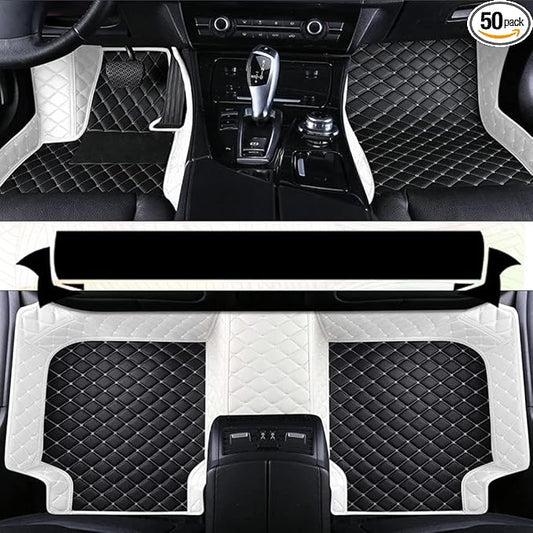 Custom Floor Mats for Cars，Luxury Full Coverage All Weather Car Floor Mats，Leather Car Mat Set ， Floor Mats for 99% of Cars, Trucks & SUVs (Border White, Middle Black Rice)