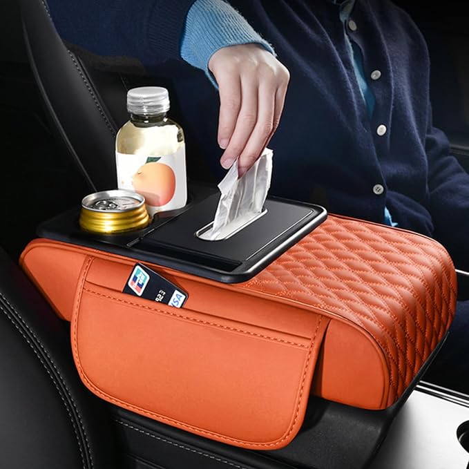 5-in-1 Car Armrest Pad Cushion, Water Ripple Embossed Center Console Booster Pad with Tissue Box, Cup Holder, Storage Bag, Phone Slot, Fit for Most Sedan Vehicles (Water Ripple Series, Black)