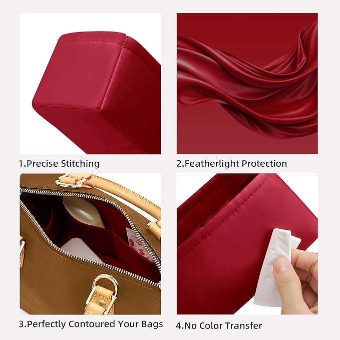 DGAZ Silk Purse Organizer Insert Fits LV Speedy 16/20/25/30/35/45 bags，Silky Smooth Bag Organizer，Luxury Handbag & Tote Shaper（Wine Red，SP16）