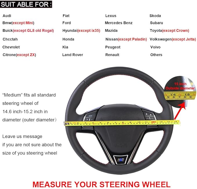 15 Inch Universal Micro Fiber Leather Car Steering Wheel Cover Stitch On Wrap with Needle & Thread Anti-Slip Auto Steering Cover for Woman DIY Red Line