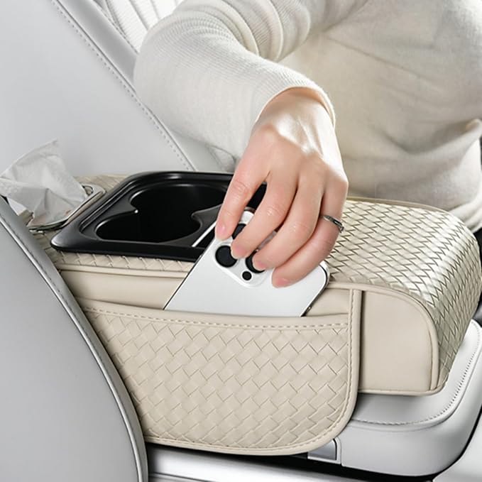 Car Armrest Cushion Cover Car Center Console Memory Foam Booster Pad with Storage Pocket and Tissue Hole for Sedan Vehicle (Cupholder - Orange, 13.39 * 7.68 * 2.95'' / 34 * 19.5 * 7.5cm)