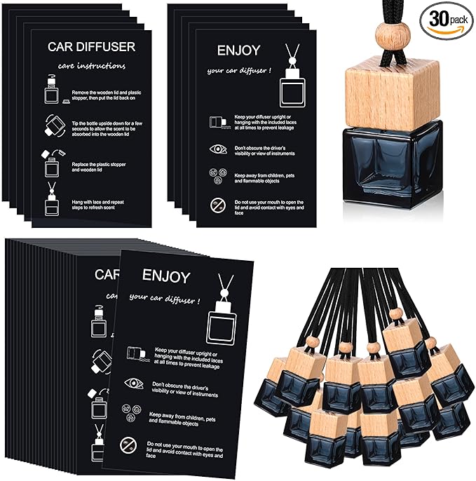 DaisyInner 30 Sets Car Diffuser Bottles Empty Bulk Hanging Car Air Freshener Diffuser Bottles Bulk Glass Perfume Holder with Instruction Cards for Essential Oil Fragrance Pendant(Square,Black)