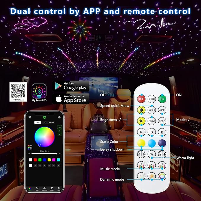 WEBUPAR 3.2W 6LEDs Meteor Starlight Headliner Kit, 300pcs 0.01in 6.56ft, RGBW Shooting Stars Fiber Optic Lights with Bluetooth APP Control for Car/Home Theater