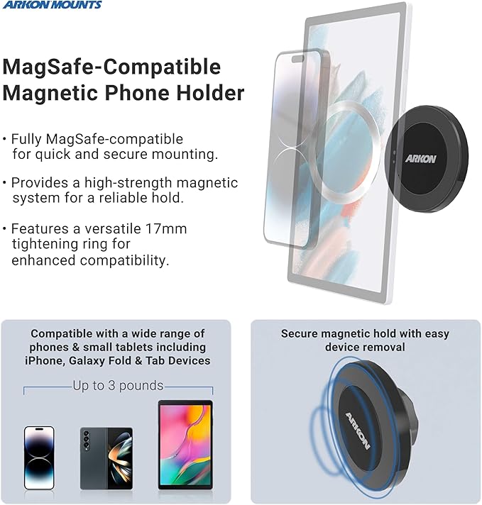 ARKON Mounts Magnetic Phone Holder with Cup Holder Mount and Dual 25mm Shaft Arm, Compatible with MagSafe-Style Attachment, Phone Mount for Cars SUVs and Trucks