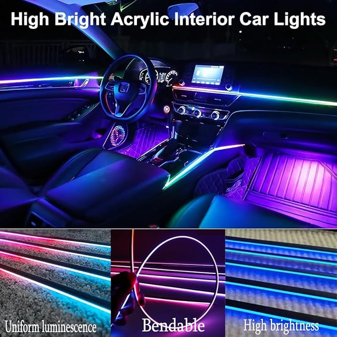 Acrylic Interior Car LED Strip Light with APP Remote Control, 175in 6 in 1 RGB Dreamcolor Neon Flexible Strip Fiber Optic LED Ambient Lighting Kits,RGB Music Lights Sync for Inside car Decorations