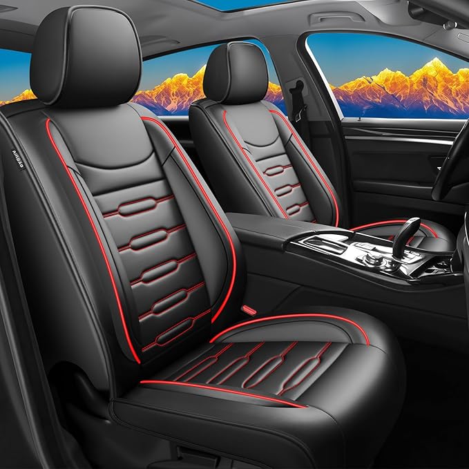 Fit Prius Car Seat Covers for Toyota Prius 2001-2024 2025 2026 - Upgraded Premium Waterproof & Breathable Leather, Airbag Compatible, All-Weather Seat Cushion Protector (2 Front/Black+Red)