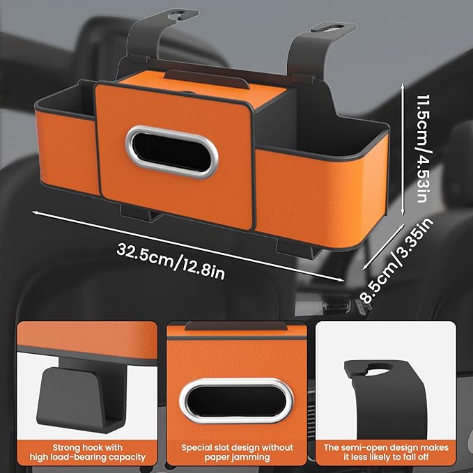 Multifunctional 3‑in‑1 Car Seat Back Storage Box Organizer with Cup Holders, Tissue Box Slot & Headrest Hooks – Backseat Car Organizer for Phones, Snacks, Drinks, Bags, Travel Storage (Orange)