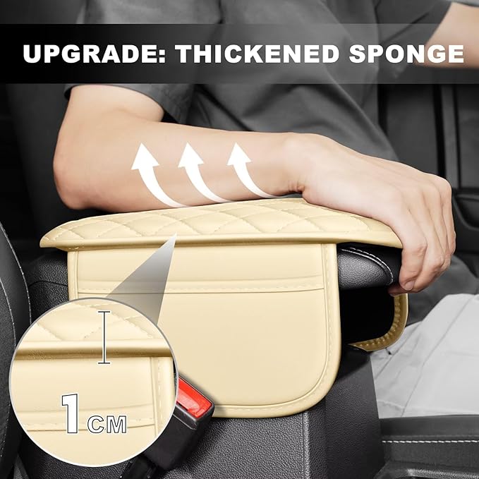 Upgraded Car Center Console Cover Fit for Camry Faux Leather Car Armrest Cover Cushion with 2 Storage Bags,Car Armrest Storage Box Interior Accessories(Beige&Whiteline)