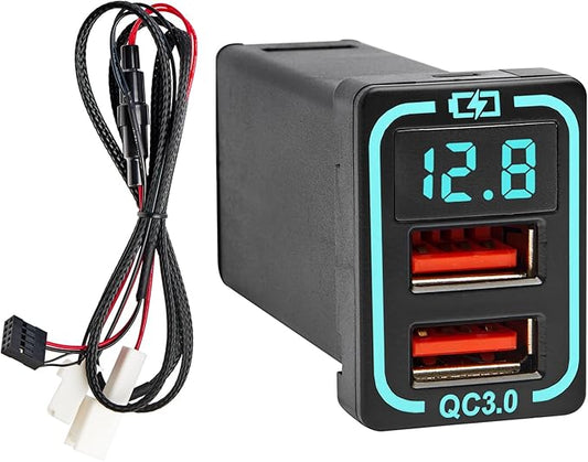 Anina QC3.0 Car Charger for Toyota, 18W Dual USB Port Powered by Cigarette Lighter with Digital Voltmeter, Panel Flush Mount USB Socket for Tundra Corolla Highlander, Vehicle Dash Port 1.34"x0.91"