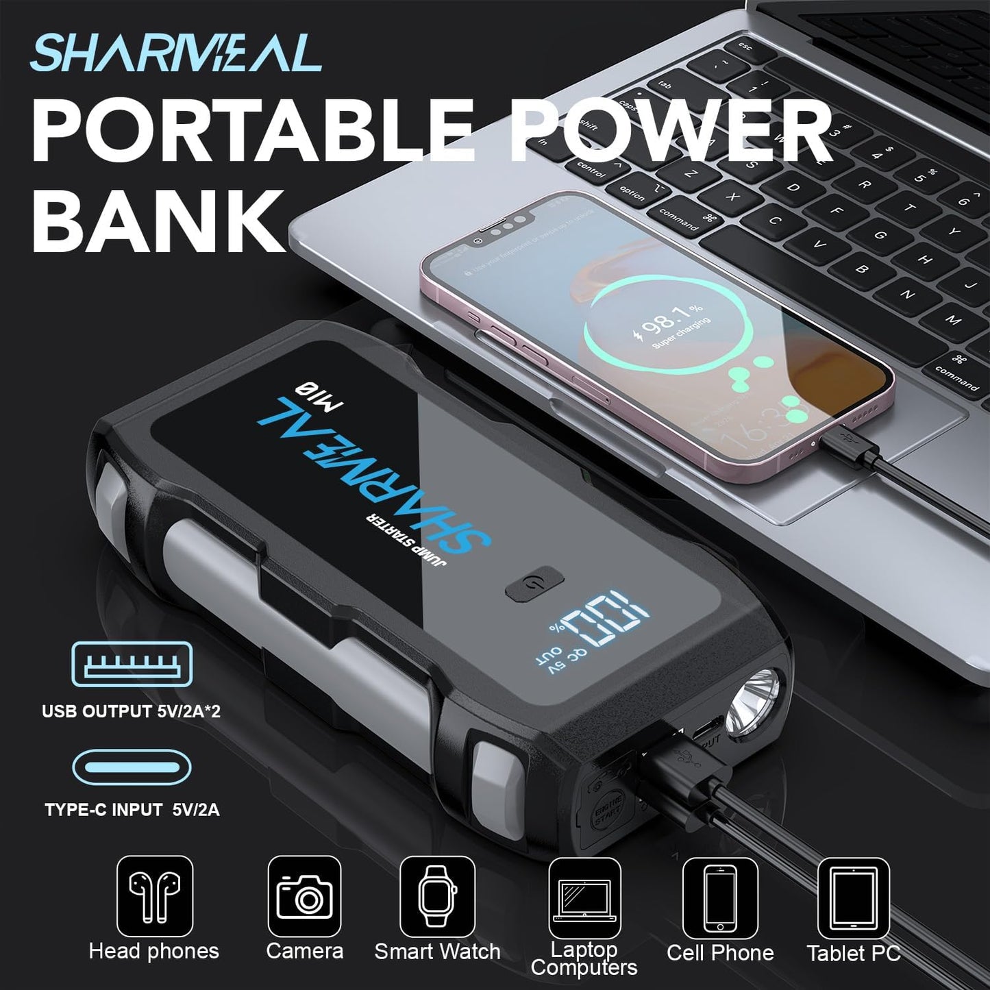 Jump Starter 4000A, 12V Car Battery Jump Starter with USB Quick Charge (Up to 10.0L Gas or 8.0L Diesel Engine), Battery Booster with 3 Modes Flashlight and Jumper Cable