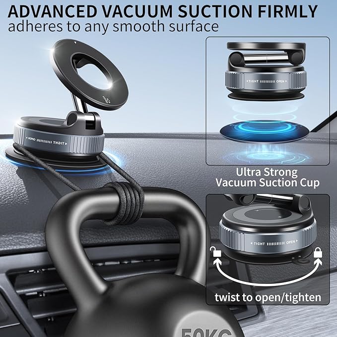 ILKCC Vacuum Suction Magnetic Phone Holder, 2025 Upgraded Vacuum Suction Cup Mount for Magsafe, 360° Adjustable Foldable Portable Magnetic Car Phone Stand for Cars/Gyms/Mirrors/Smooth Surface (White)