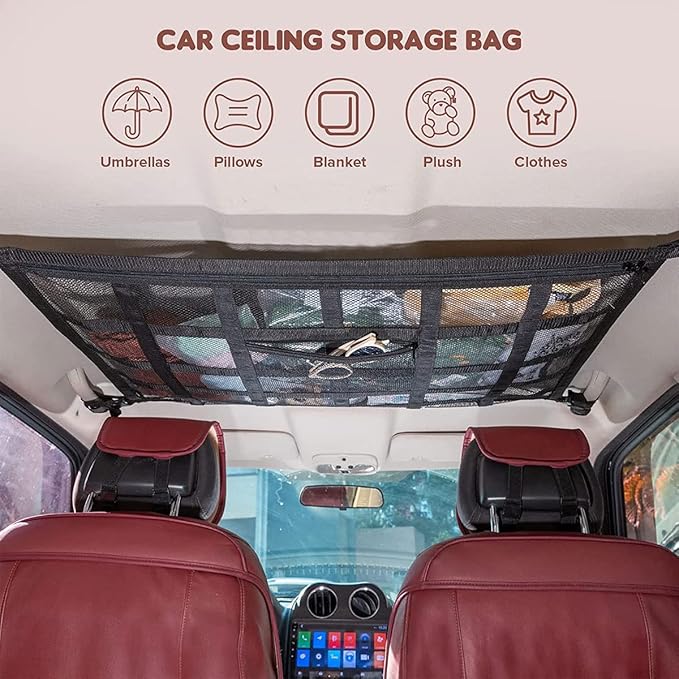 Car Ceiling Cargo Net Strong Load-Bearing Mesh Car Roof Storage Organizer Large Capacity Space Saving Car Ceiling Net Storage Bag Car Interior Accessories for SUV Truck Van