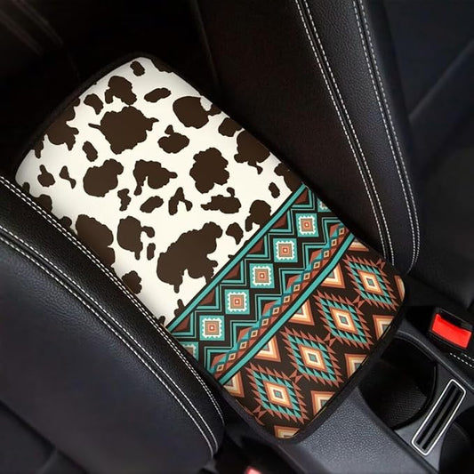 Coldinair Brown Cow Car Center Console Pad Ethnic Aztec Soft Armrest Protector Cover Fit for Most Vehicle,SUV,Truck,Washable