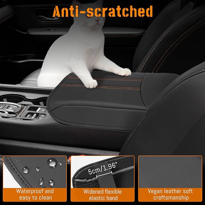 Center Console Armrest Cover Compatible with Honda Pilot 2023 2024 2025 2026, Ridgeline Passport 2024-2026, Armrest Pad Lid Cushion,Center Console Protector Pad (Orange Stitching)