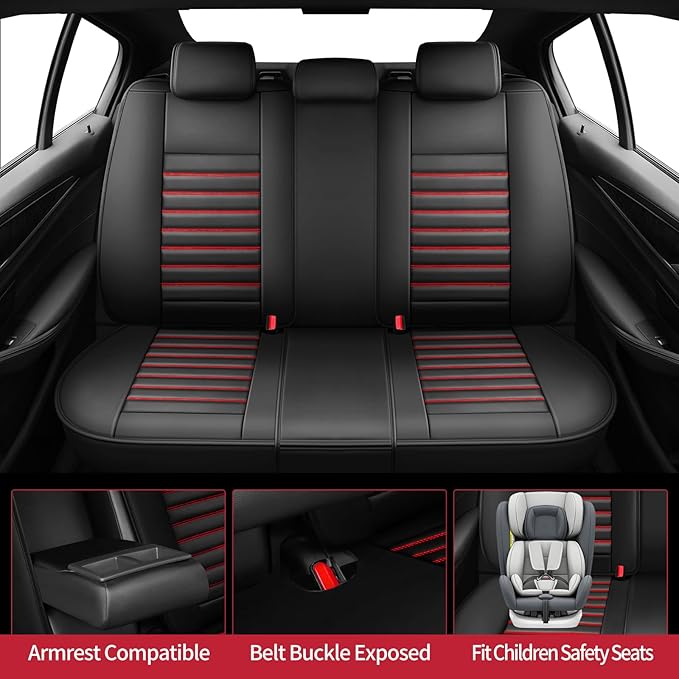 Fit Prius Car Seat Covers for Toyota Prius 2001-2024 2025 2026 - Upgraded Premium Waterproof & Breathable Leather, Airbag Compatible, All-Weather Seat Cushion Protector (Full Set, Black+Red)