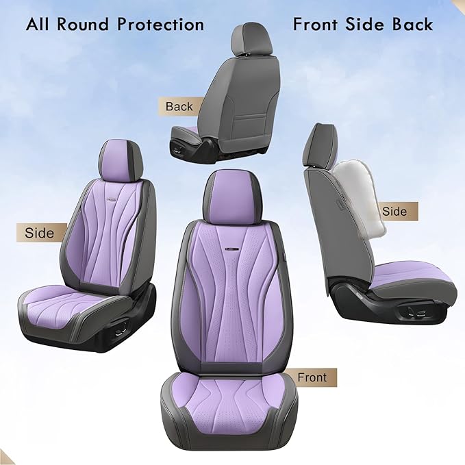 Coverado Seat Covers Full Set, Leather Car Seat Covers, Waterproof Seat Covers for Cars, Front and Back Car Seat Protectors, Car Seat Cushions Universal Fit for Most Cars (Gray&Purple)