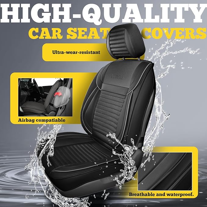 LINGVIDO Front Car Seat Covers, Faux Nappa Leather, Airbag Compatible and Waterproof Protectors for Sedans SUVs, Breathable Anti-Slip Interior for Commuters and Rideshare, Black/Gray