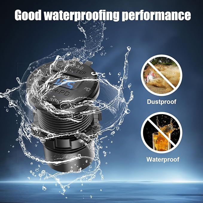 78W 12V USB Outlet 4 Port Car Charger Socket, Dual PD USB C and Dual Quick Charge 3.0 Port Aluminum Charger with Voltmeter DIY Kit Waterproof for Car Boat Marine Motorcycle RV ATV Truck Golf Cart, etc