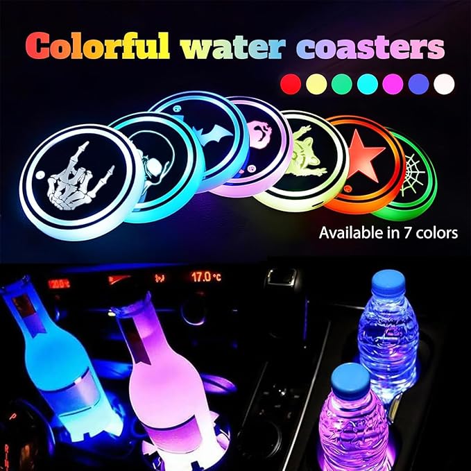 Skeleton LED Cup Holder Lights for Car,2Pcs LED Light Up Cup Holder Coasters with USB Charging 7 Colors 3 Modes,Waterproof Interior Atmosphere Lamp,Car Decor Accessories Skull Gifts for Women Men