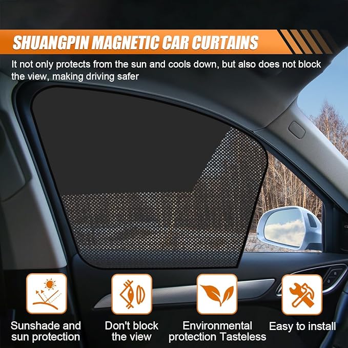 Car Front & Rear Side Window Sunshade, Magnetic Automotive Windshield Privacy Curtain with Half Shade, Mesh Sun Protection Cover Blocks Heat, Glare, UV Rays for Driver Passenger (4PCS)