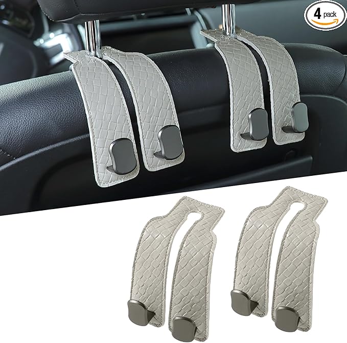 KINIVA Car Seat Headrest Storage Hooks, Set of 2, Suede PU Leather, Double Hooks (07-Grey)