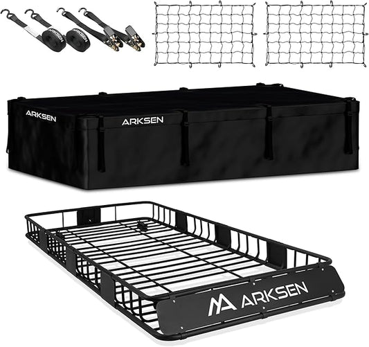 ARKSEN 84" x 39" x 6" Roof Rack Cargo Basket with Extension, Waterproof Bag, 2 Net & 2 Ratchet Straps, 150 lb Heavy Duty Steel Rooftop Carrier, Fits Crossbars up to 1.38" Thick, for SUV & Pickup Truck
