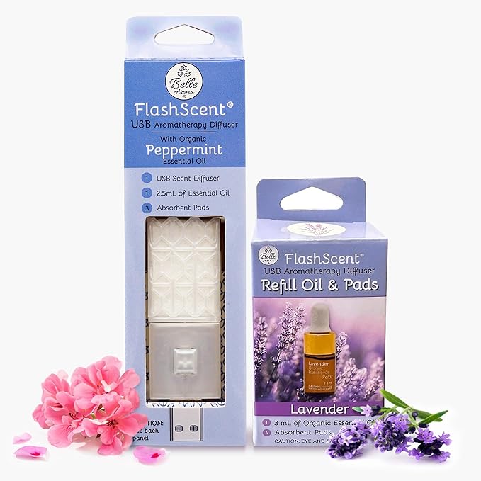 Belle Aroma® FlashScent™ USB Aromatherapy Bundle - for Car, Office, Home, and Travel - Includes 1 Serenity Blue Lavender Oil Diffuser Kit, 1 FlashScent Lavender Essential Oil, and 7 Refill Pads