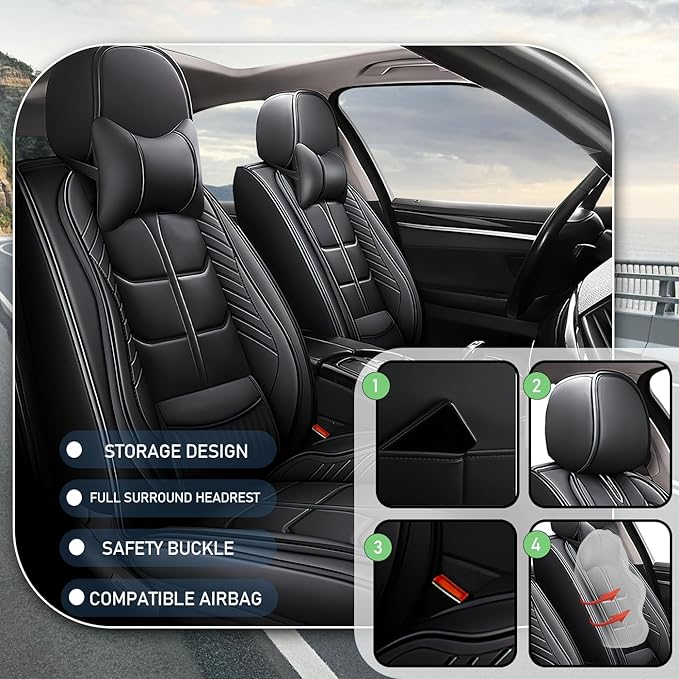 Leather Car Seat Covers Fit for Toyota Matrix 2003-2013, 5 Seater Car Seat Cover, Premium Waterproof, Scratch Resistant Car Interior Accessories (Full Set with Pillow Black)