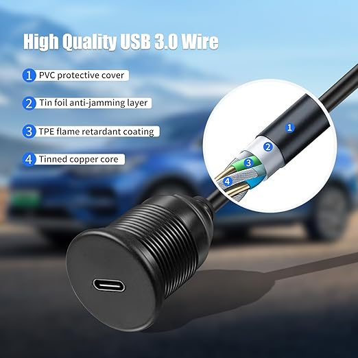 Single Port USB A 3.0 Male to USB C 3.0 Female Extension Cable,Flush Mount Waterproof Panel Cable for Car,Truck,Boat,Motorcycle Dashboard 3.3ft